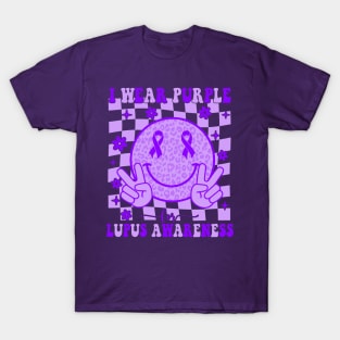 Lupus Awareness Smile Hippie Checkered Purple Ribbon T-Shirt